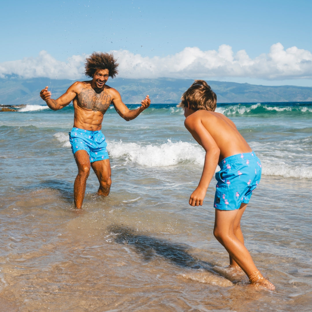 Flamingo, Royal Blue, Father and son swim shorts