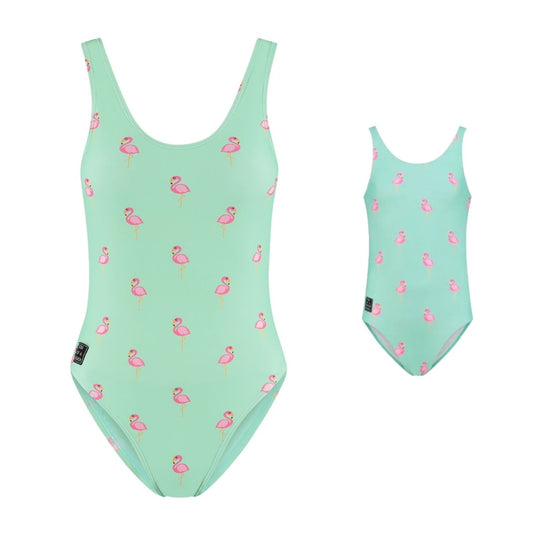 Flamingo, Green, Mother and daughter swimsuit