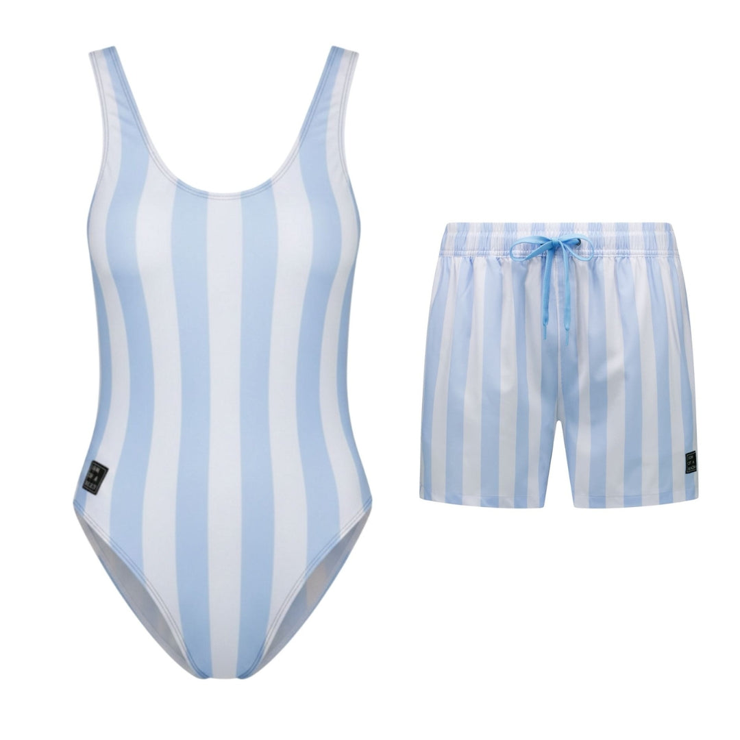 Striped, Light Blue, Mother and Son Swimsuit/Swimming Trunks