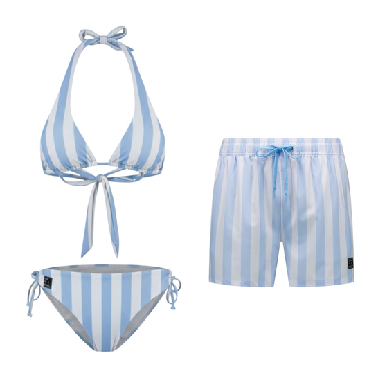 Striped, Light Blue, Mother and Son Bikini/Swimming Trunks