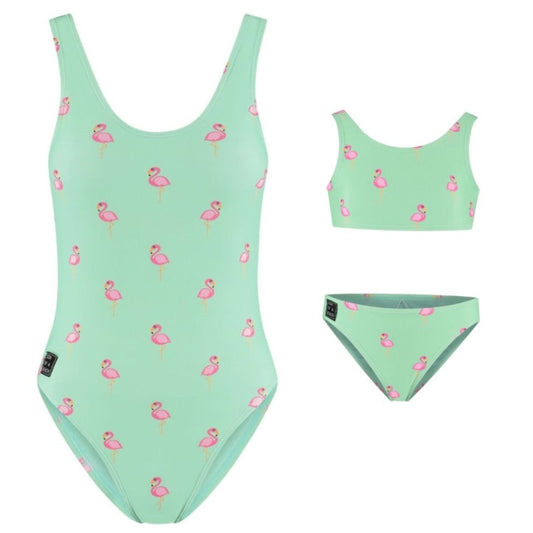 Flamingo, Green, Mother and daughter swimsuit