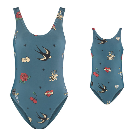 Tattoo, Blue, Mother and daughter swimsuit
