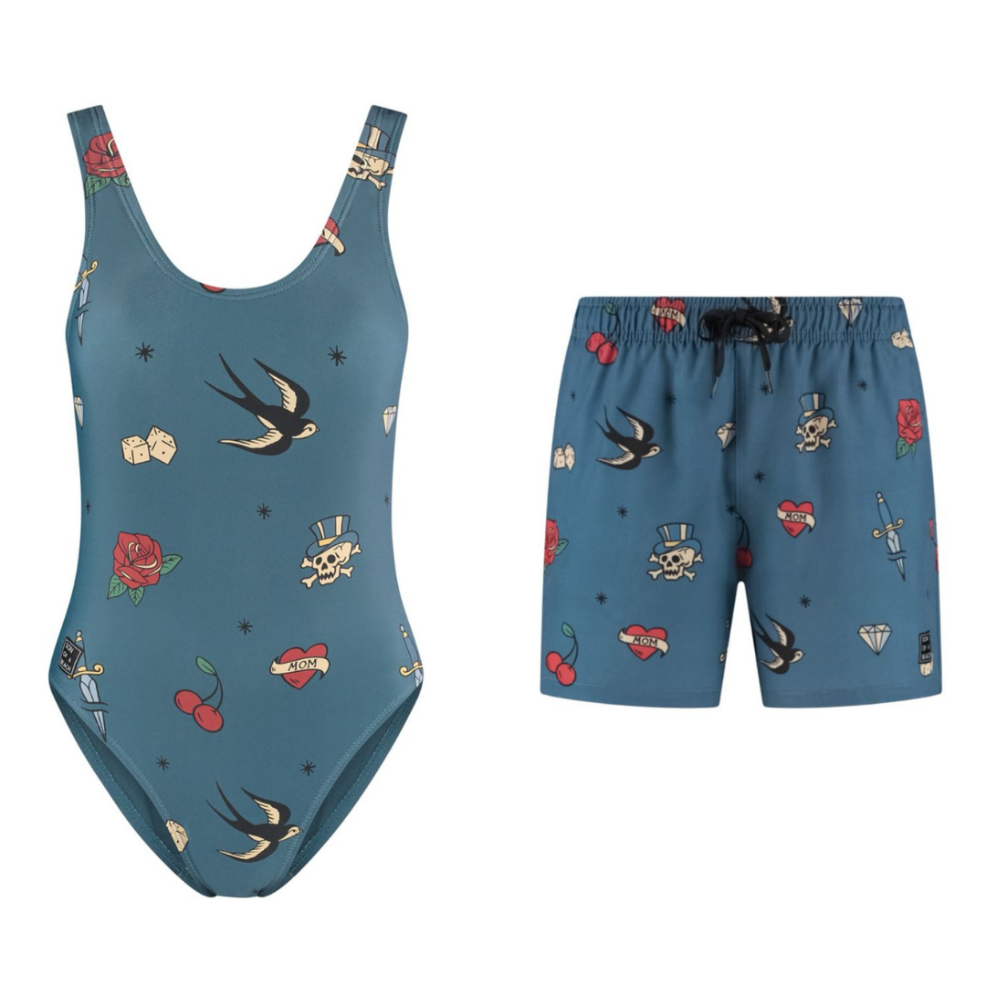 Tattoo, Blue, Mother and son swimsuit/swimming trunks