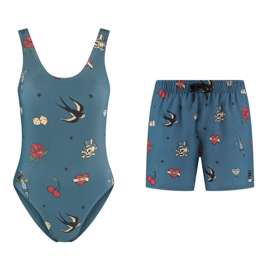 Tattoo, Blue, Mother and son swimsuit/swimming trunks