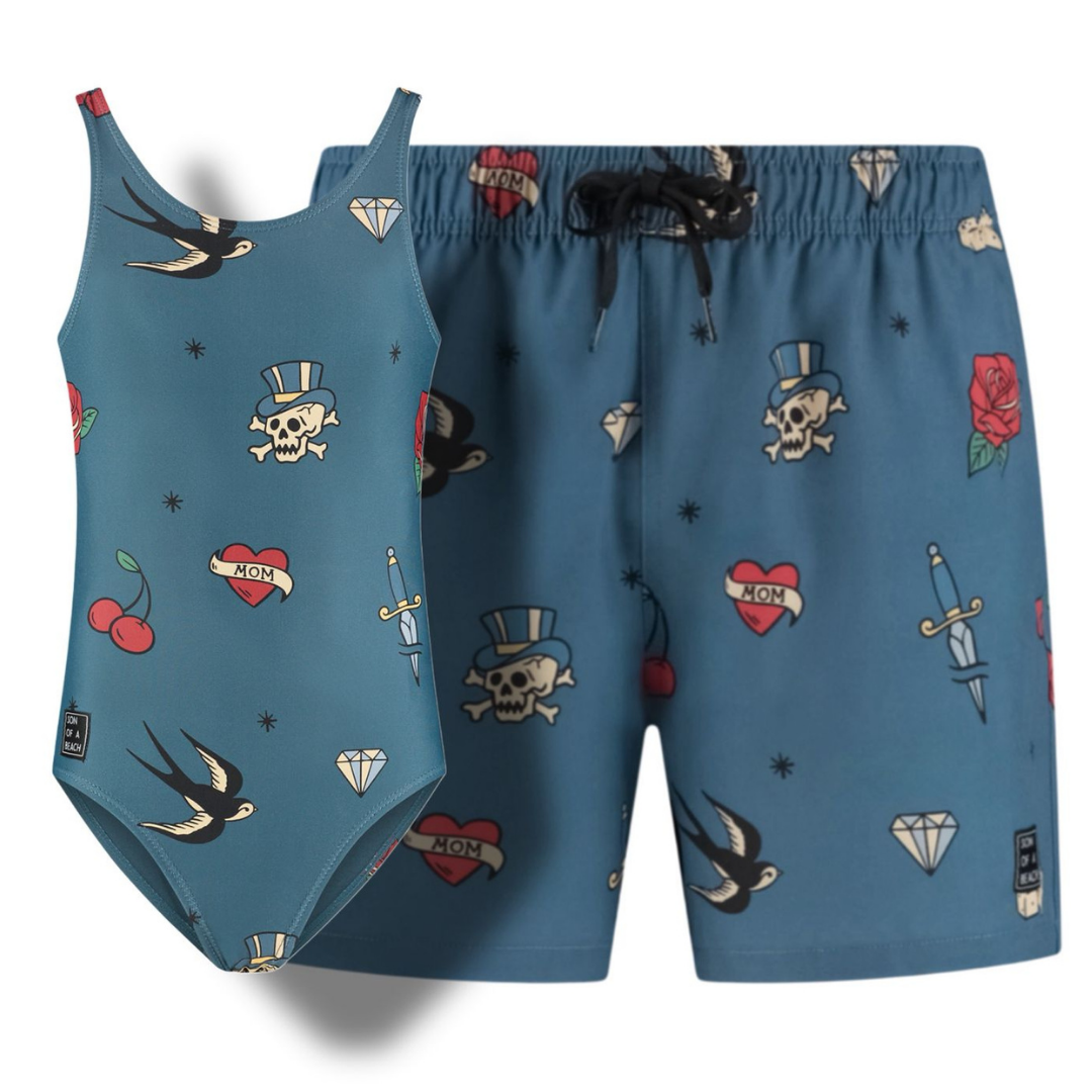 Tattoo, Blue, Father and daughter swimwear