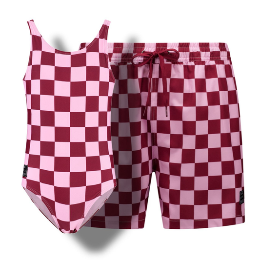 Check, Red, Father and daughter swimwear