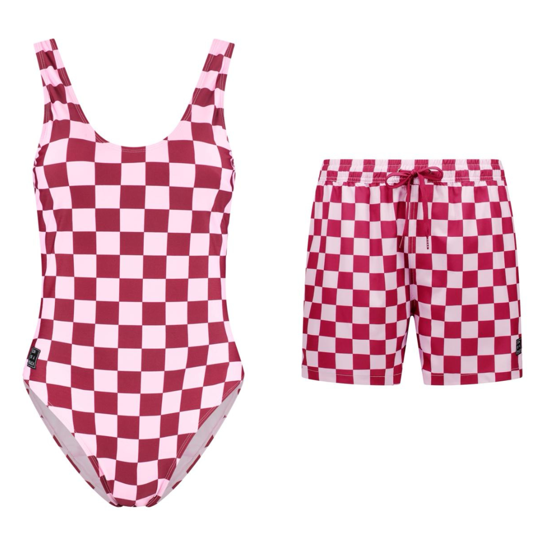 Check, Red, Mother and son swimsuit/swimming trunks