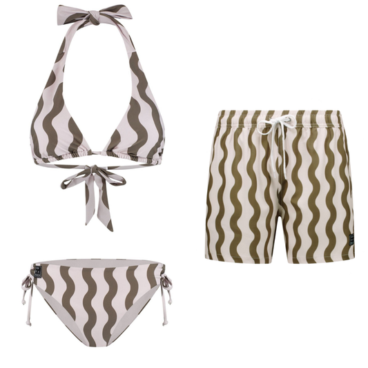Striped, Wavy Green, Mother and Son Bikini/Swim Trunks
