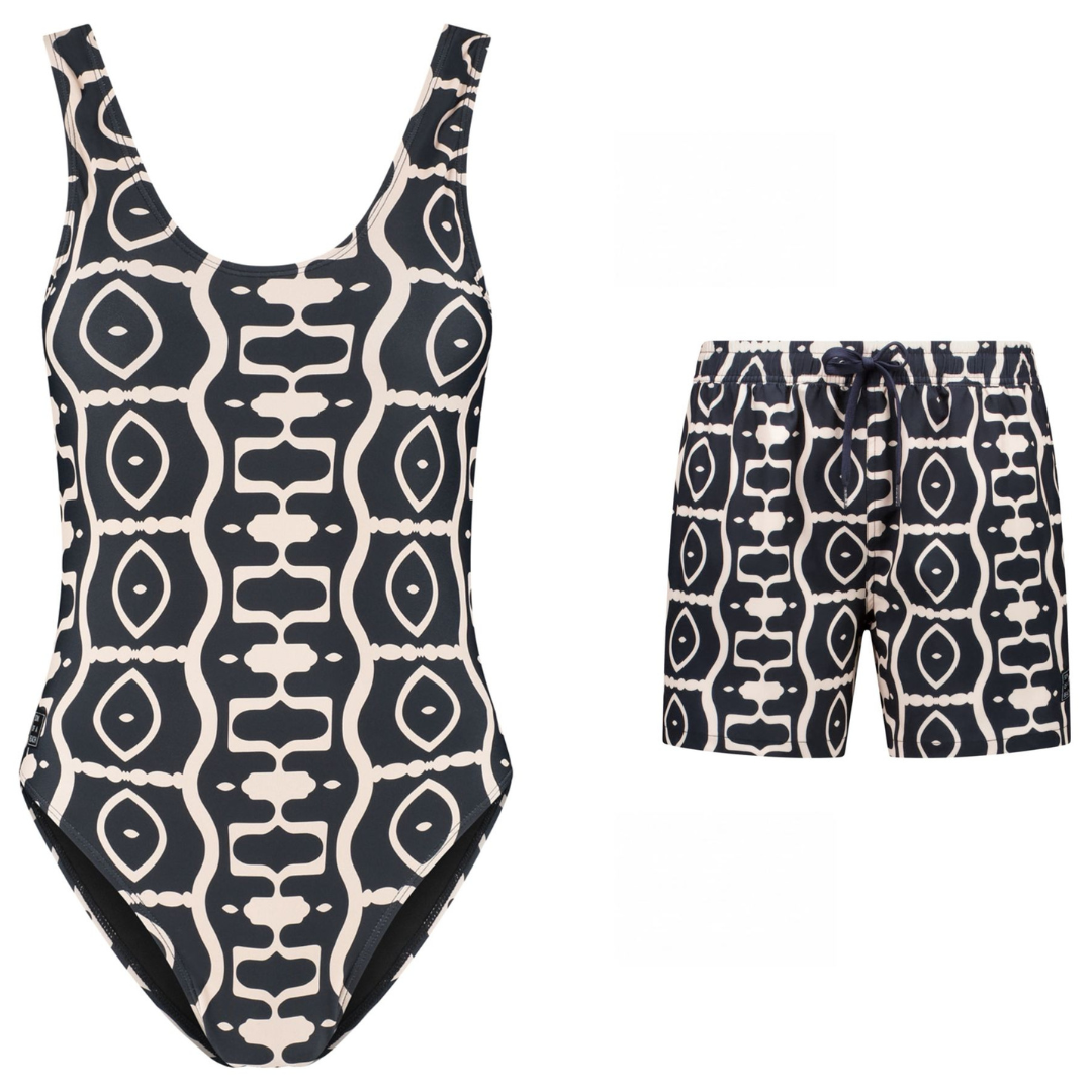Abstract, Black, Mother and son swimsuit/swimming trunks