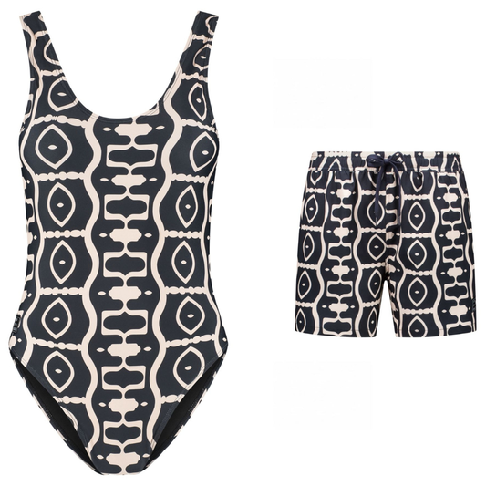 Abstract, Black, Mother and son swimsuit/swimming trunks