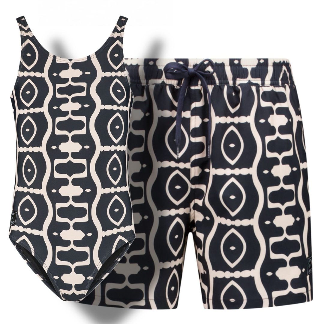 Abstract, Black, Father and daughter swimwear