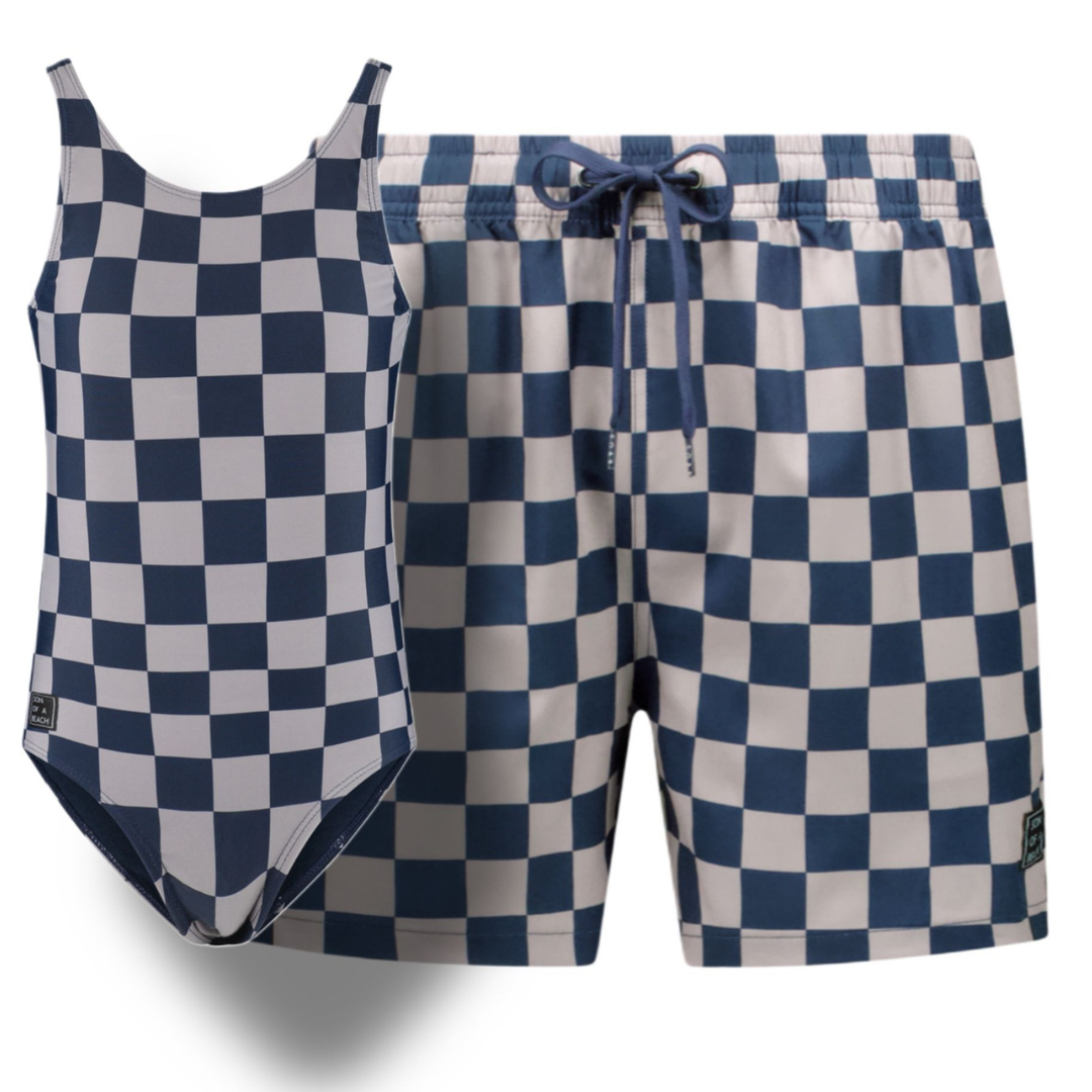 Check, Blue, Father and daughter swimwear