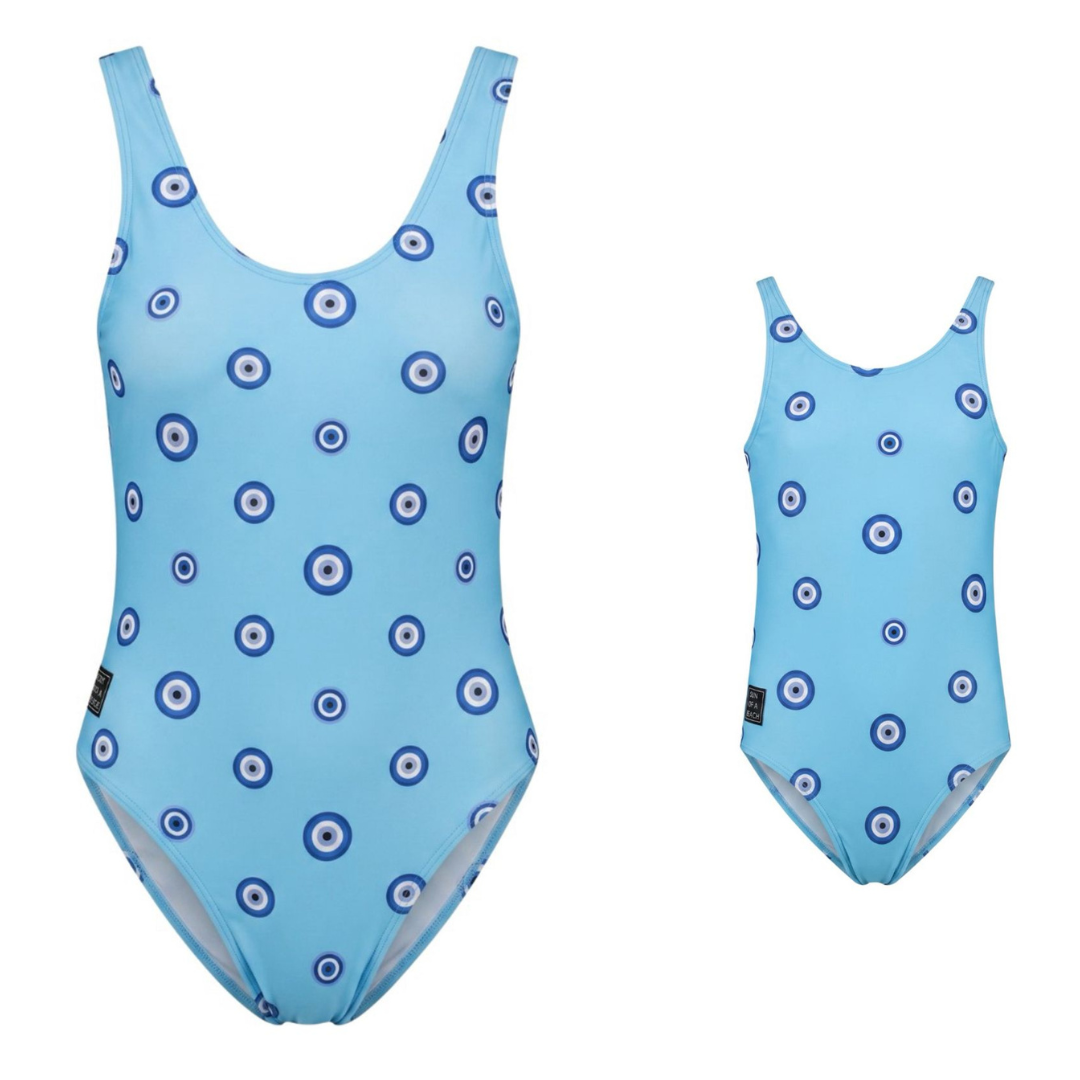 Eye, Blue, Mother and daughter swimsuit