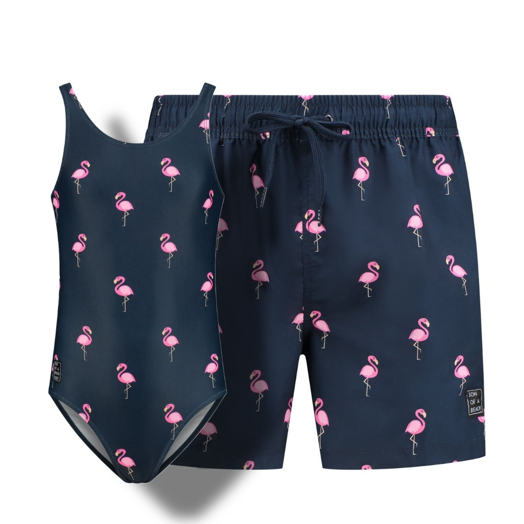 Flamingo, Blue, Father and daughter swimwear