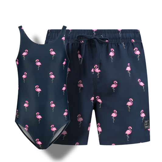 Flamingo, Blue, Father and daughter swimwear