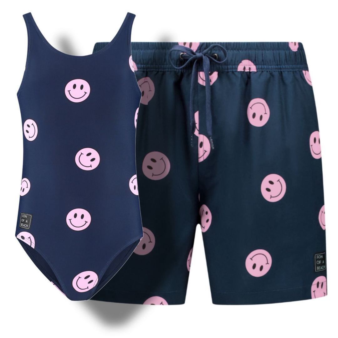 Smiley, Blue, Father and daughter swimwear