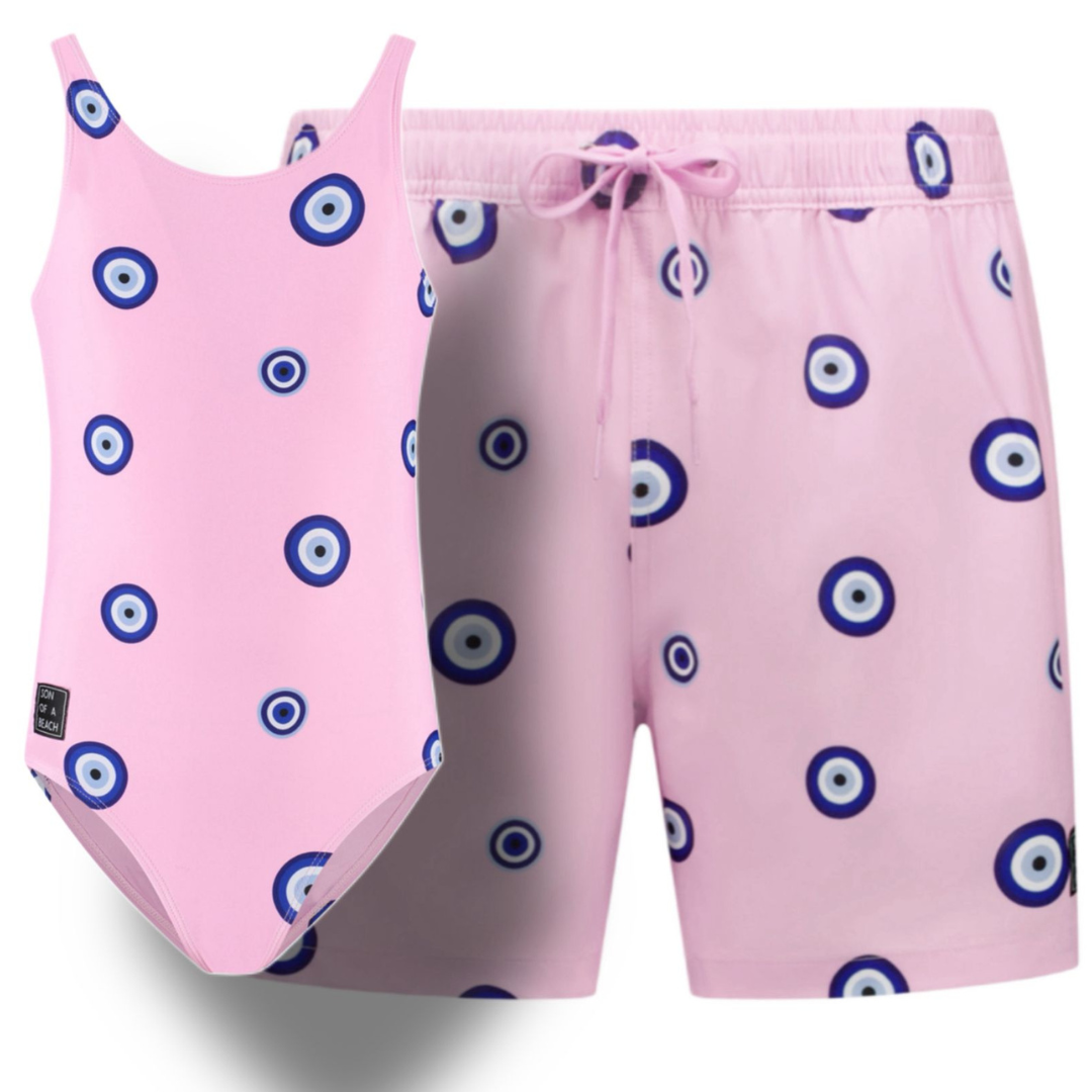 Eye, Pink, Father and daughter swimwear