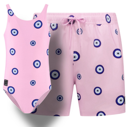 Eye, Pink, Father and daughter swimwear