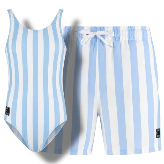 Stripe, Light blue, Father and daughter swimwear