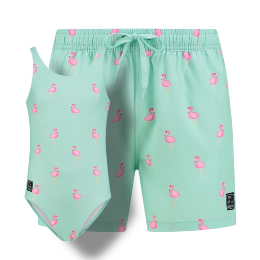 Flamingo, Green, Father and daughter swimwear