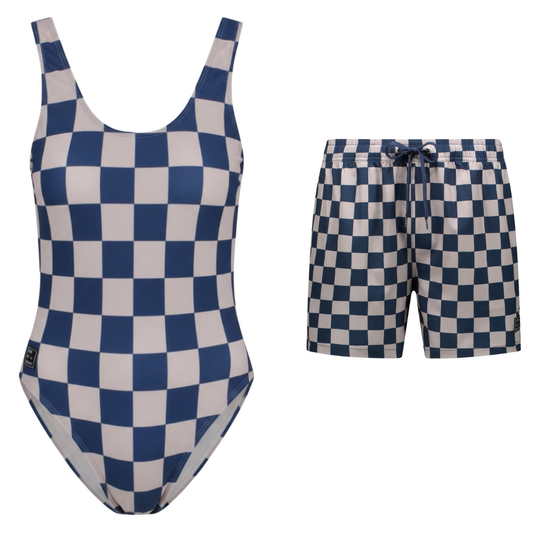 Check, Blue, Mother and son swimsuit/swimming trunks