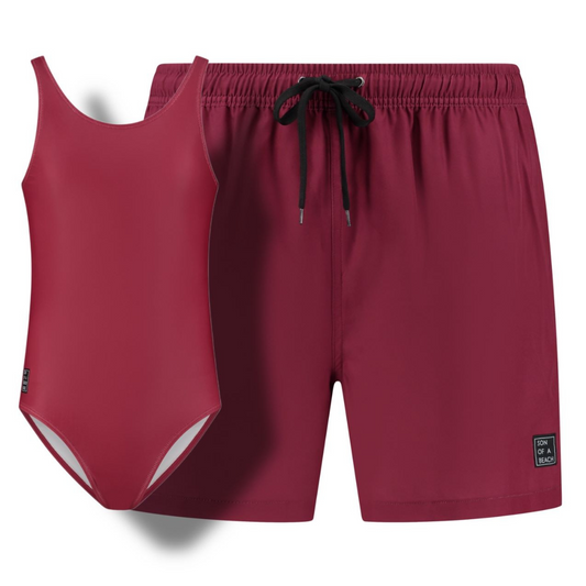 Solid, Dark Red, Father and Daughter Swimwear