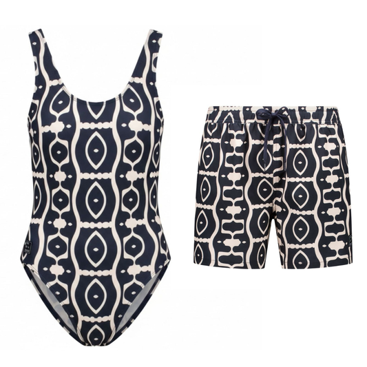Abstract, Black, Mother and son swimsuit/swimming trunks