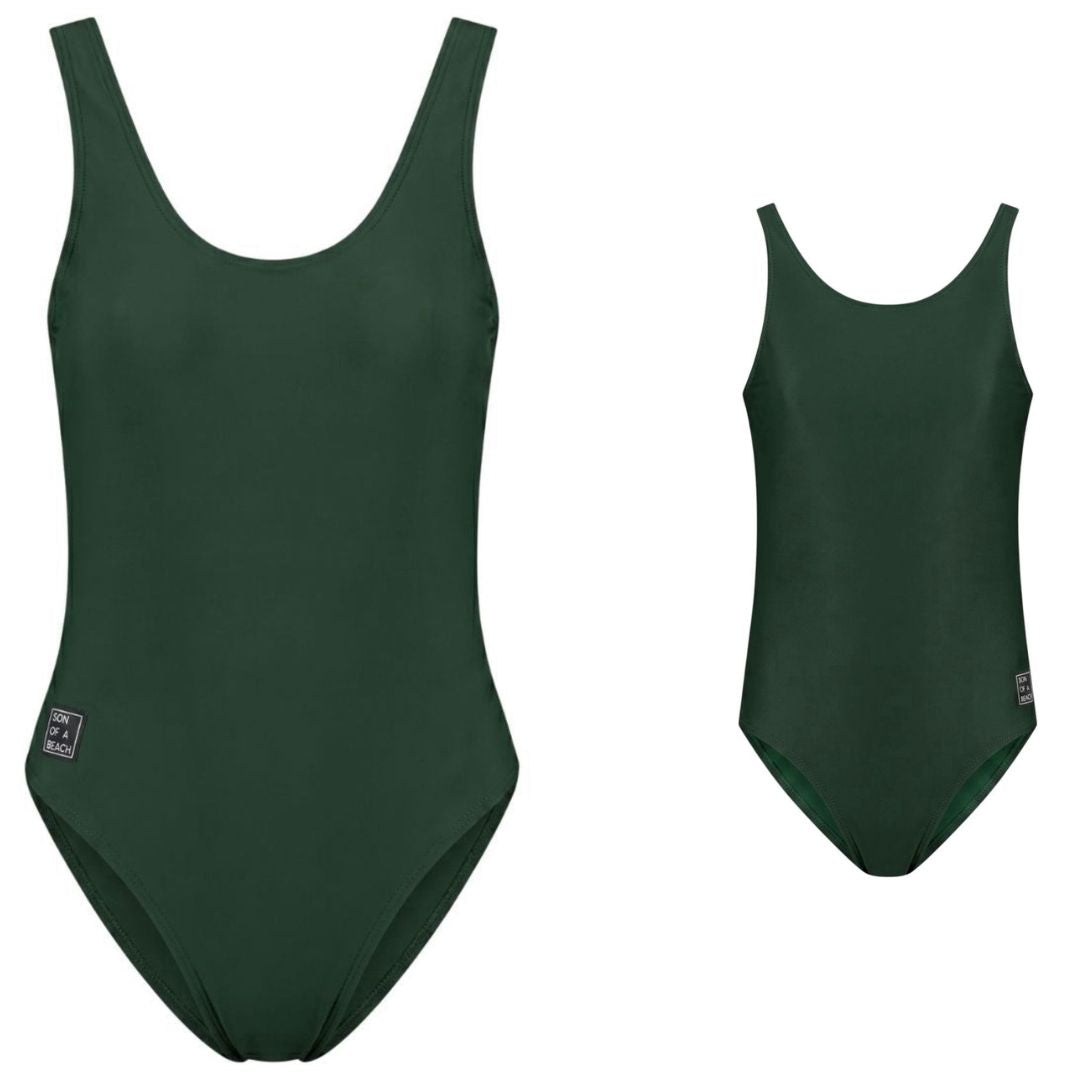 Solid, Dark green, Mother and daughter swimsuit