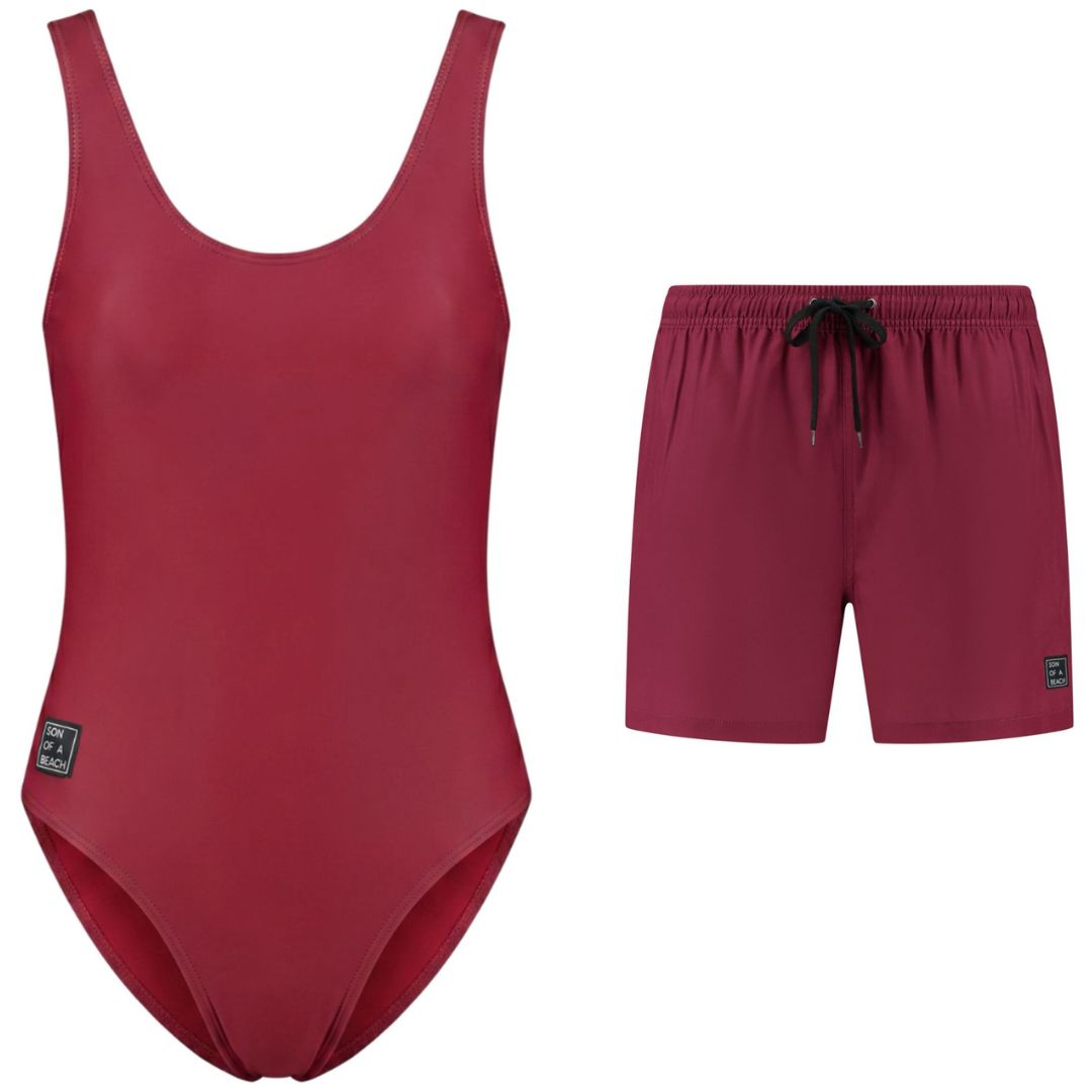 Solid, Dark red, Mother and son swimsuit/swimming trunks