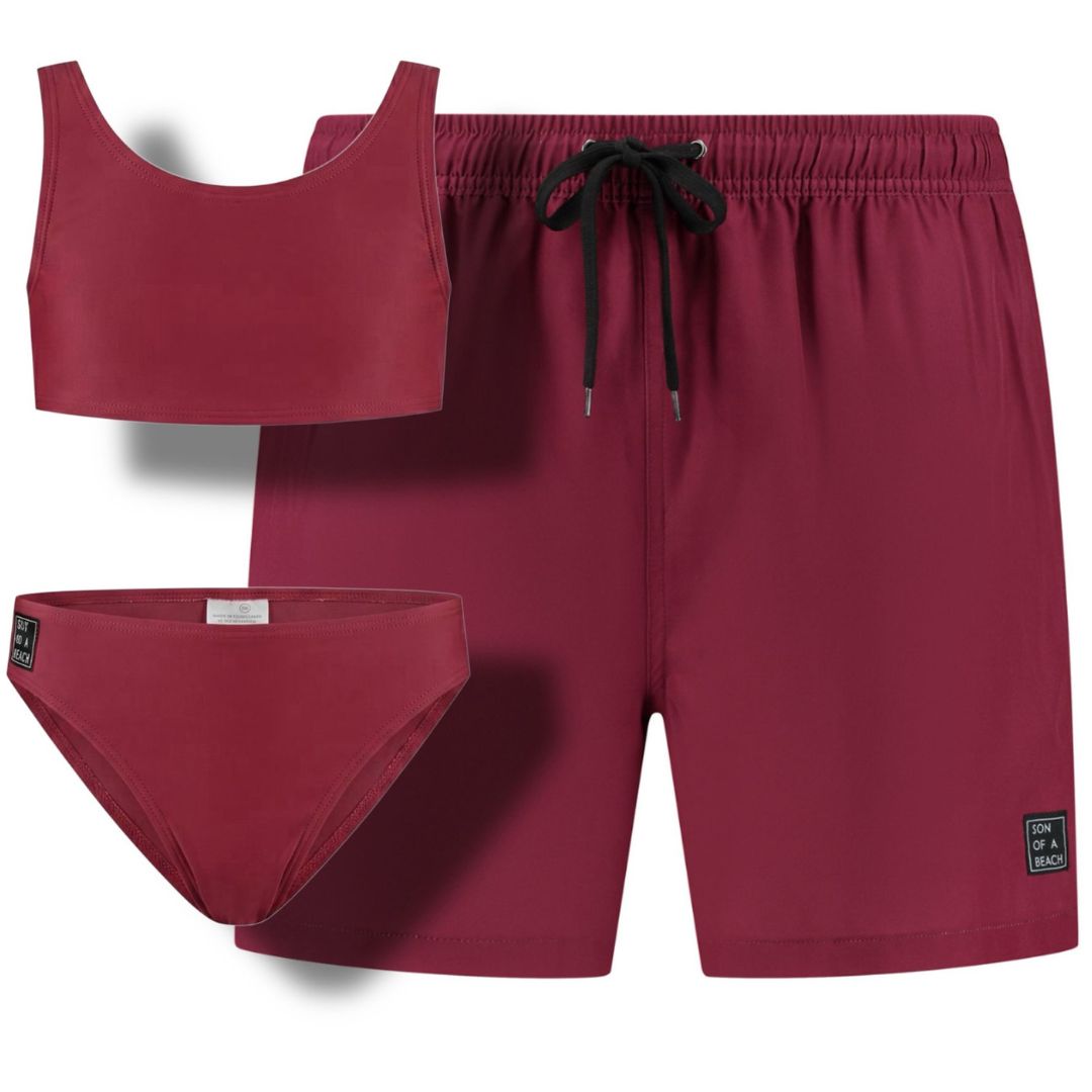 Solid, Dark red, Father and daughter swim trunks/bikini 