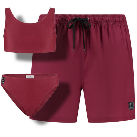 Solid, Dark red, Father and daughter swim trunks/bikini 