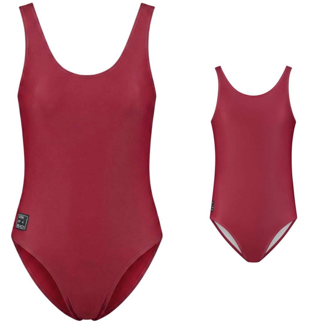 Solid, Dark red, Mother and daughter swimsuit