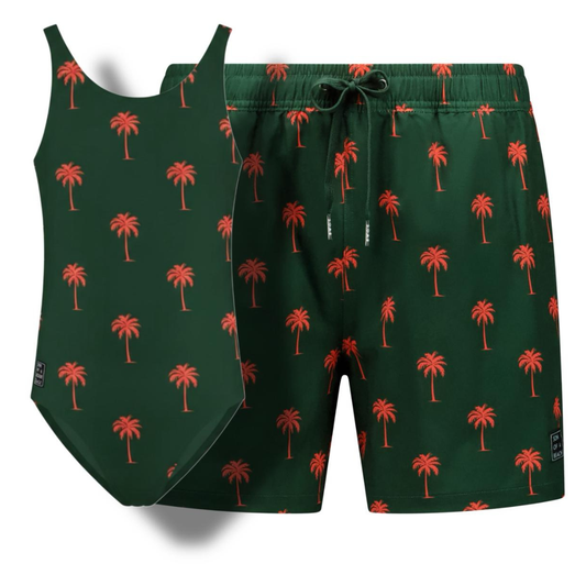 Palm tree, Dark green, Father and daughter swimwear