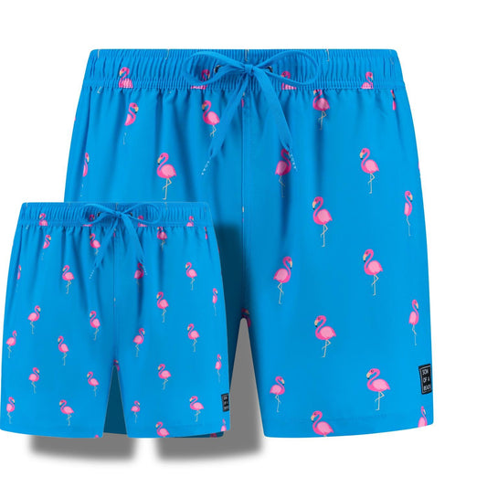Flamingo, Royal Blue, Father and son swim shorts
